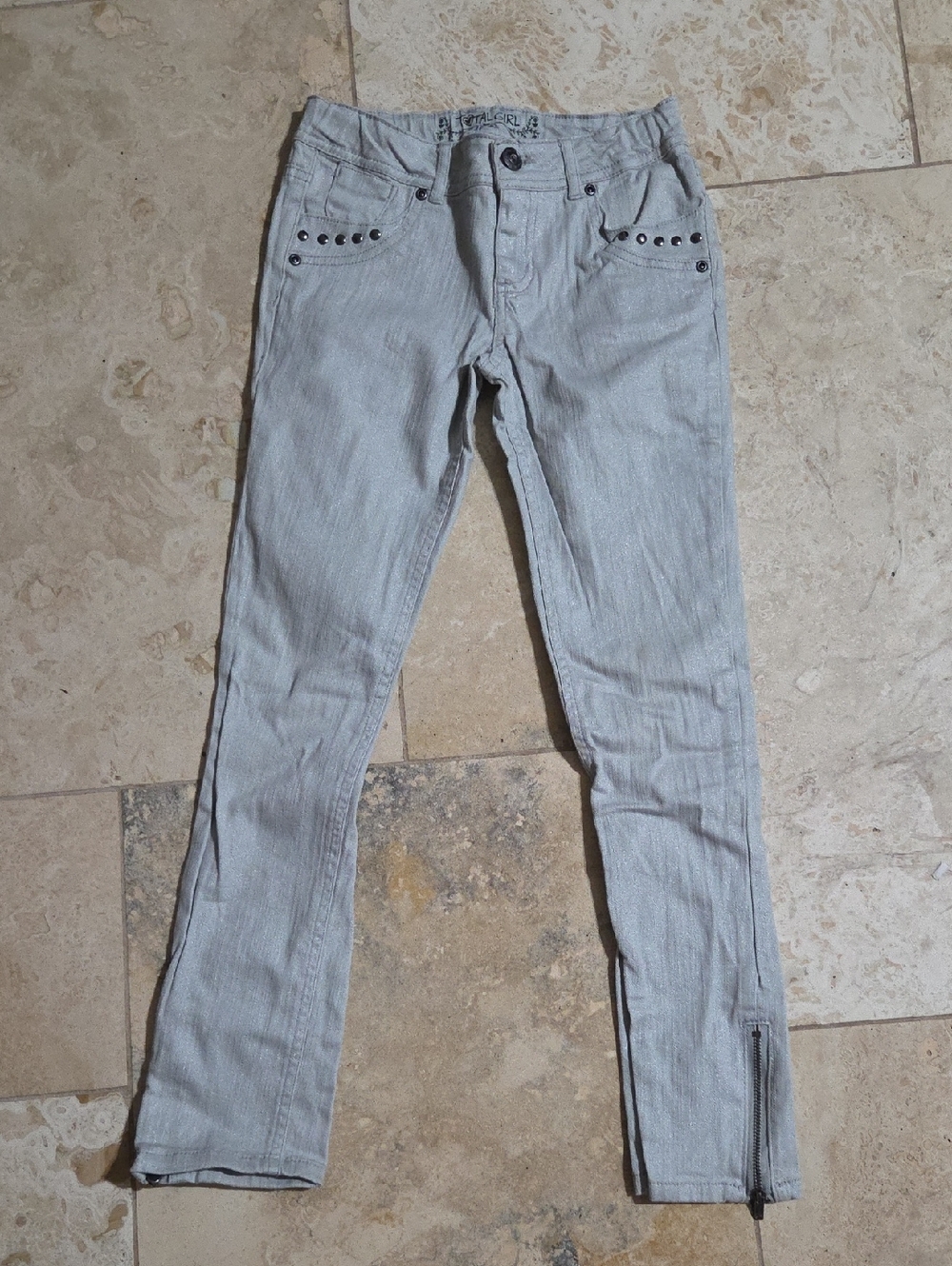 Total Girls Size 8 Silver Sparkle Skinny Jeans Studded Zip Ankle